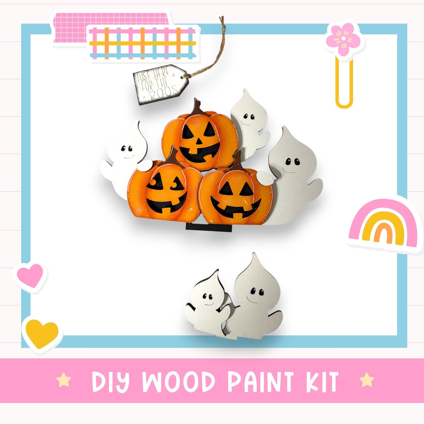The image is a DIY wood paint kit featuring a Halloween-themed design with carved pumpkins and ghostly figures.