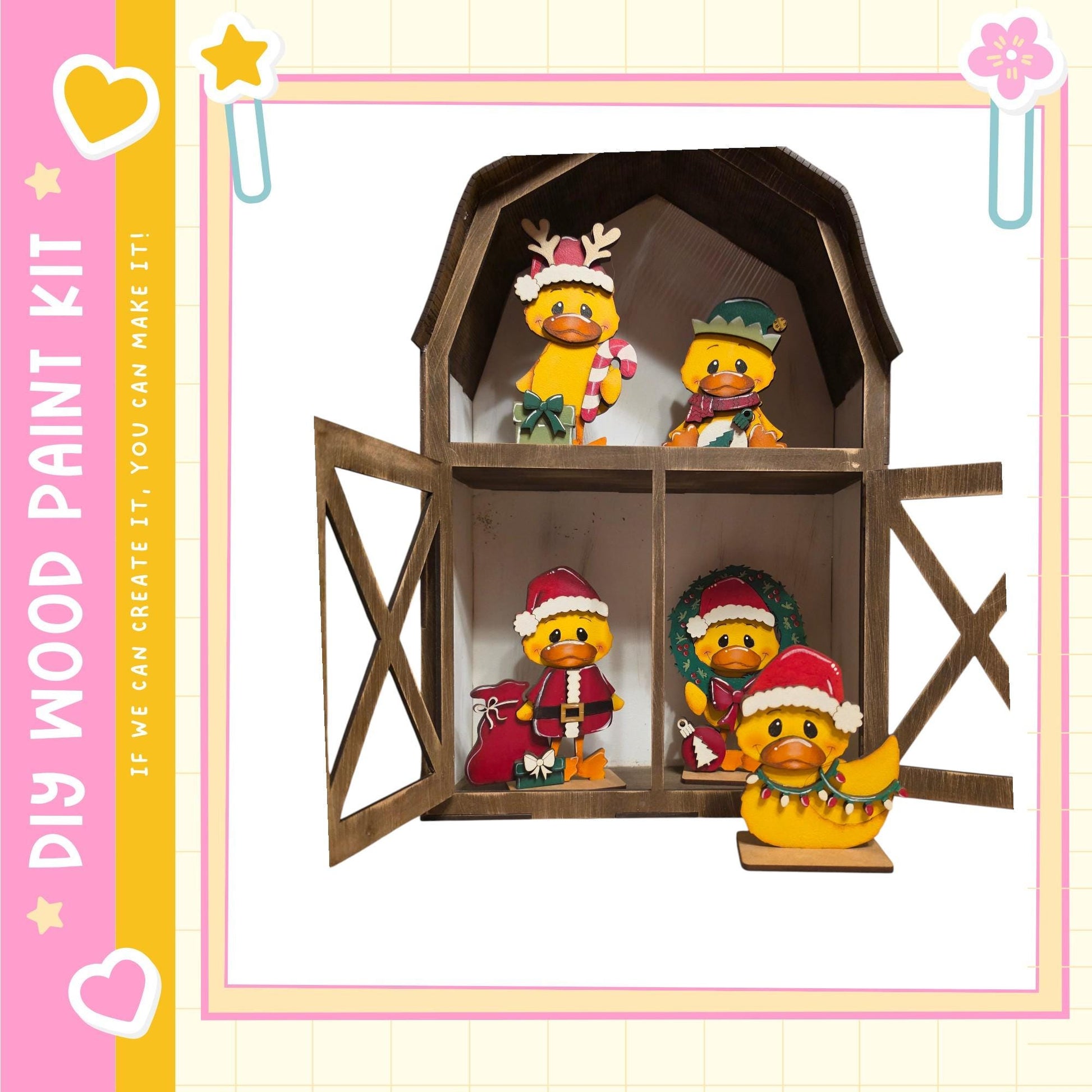 A wooden barn-shaped display case containing four small duck figurines wearing festive hats and costumes, including Santa hats and reindeer antlers.