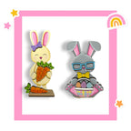 a picture of a bunny and a bunny with a basket of carrots