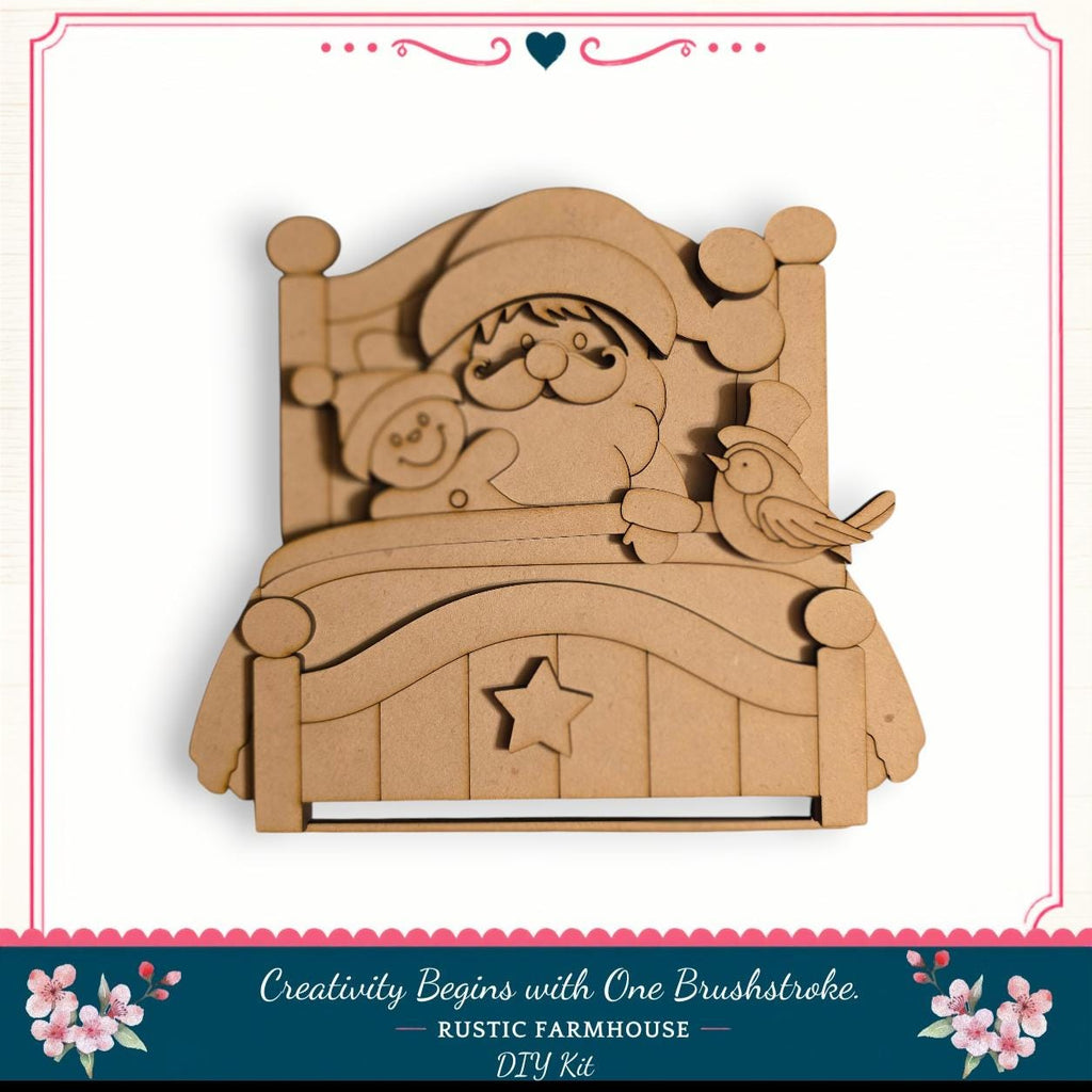 A wooden cutout of Santa Claus sitting in a bed, with a bird perched on his shoulder.
