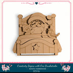 A wooden cutout of Santa Claus sitting in a bed, with a bird perched on his shoulder.