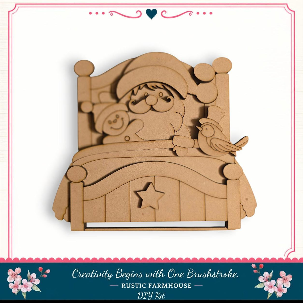 A wooden cutout of Santa Claus sitting in a bed, with a bird perched on his shoulder.