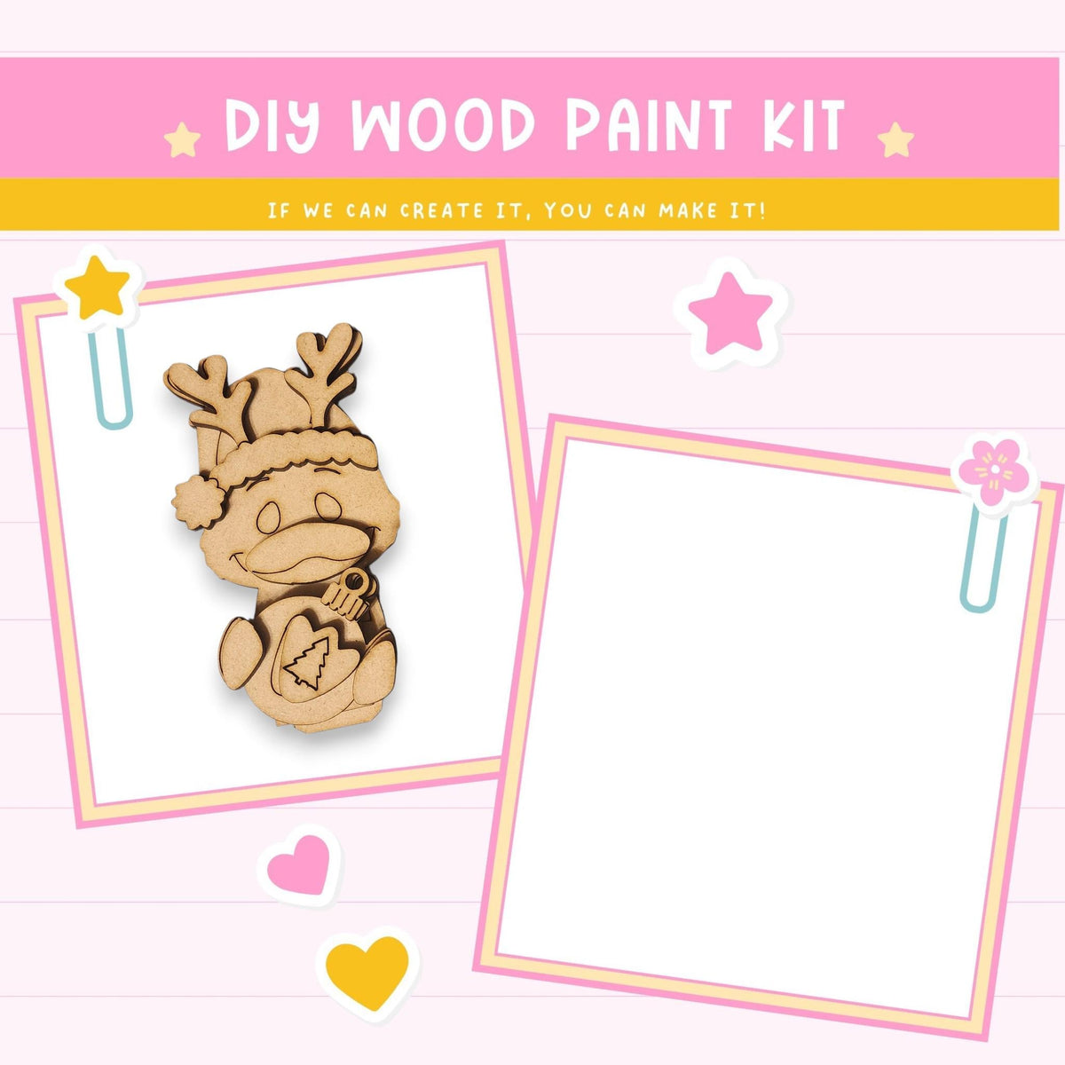The image is a DIY wood paint kit featuring a wooden reindeer and a blank white frame.