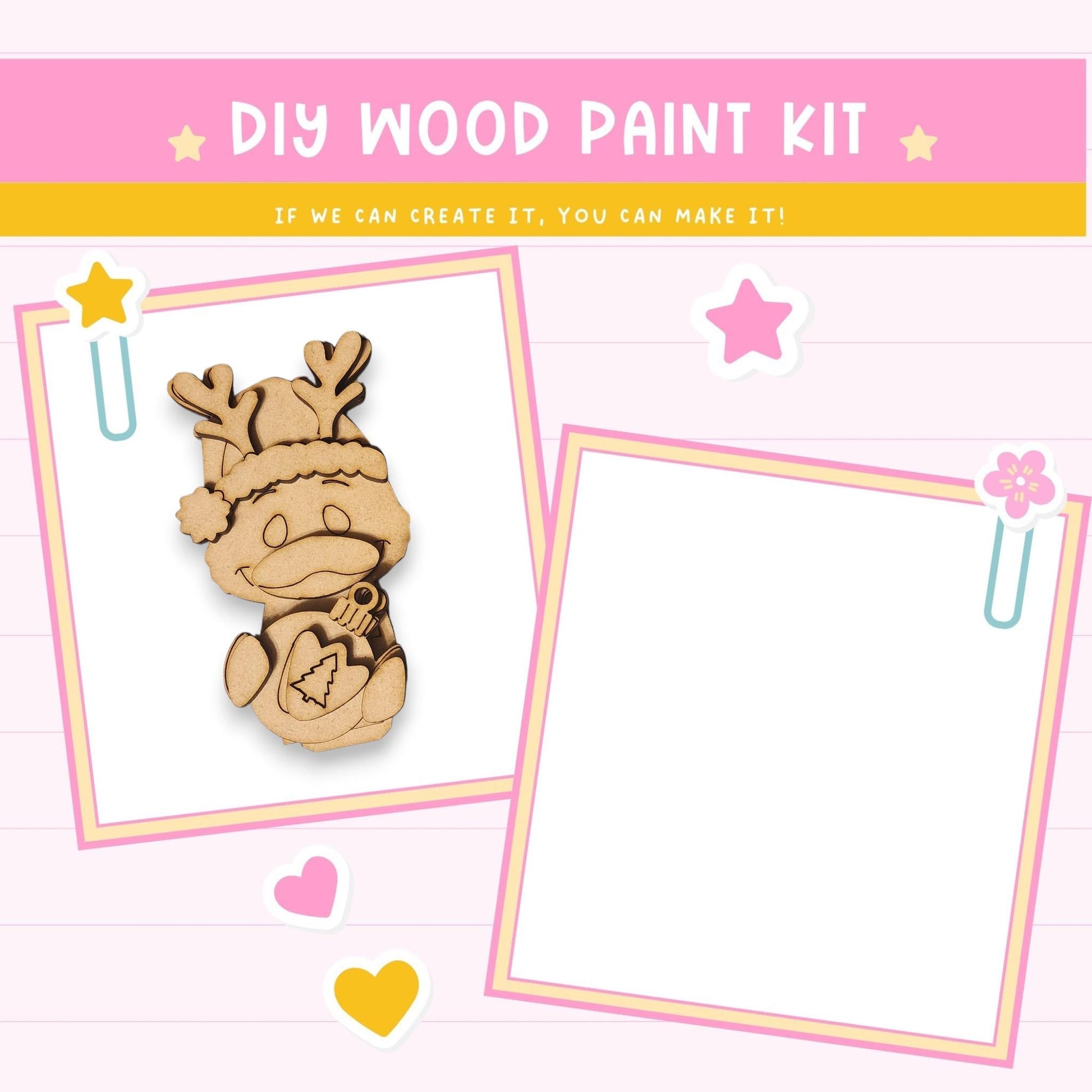 The image is a DIY wood paint kit featuring a wooden reindeer and a blank white frame.