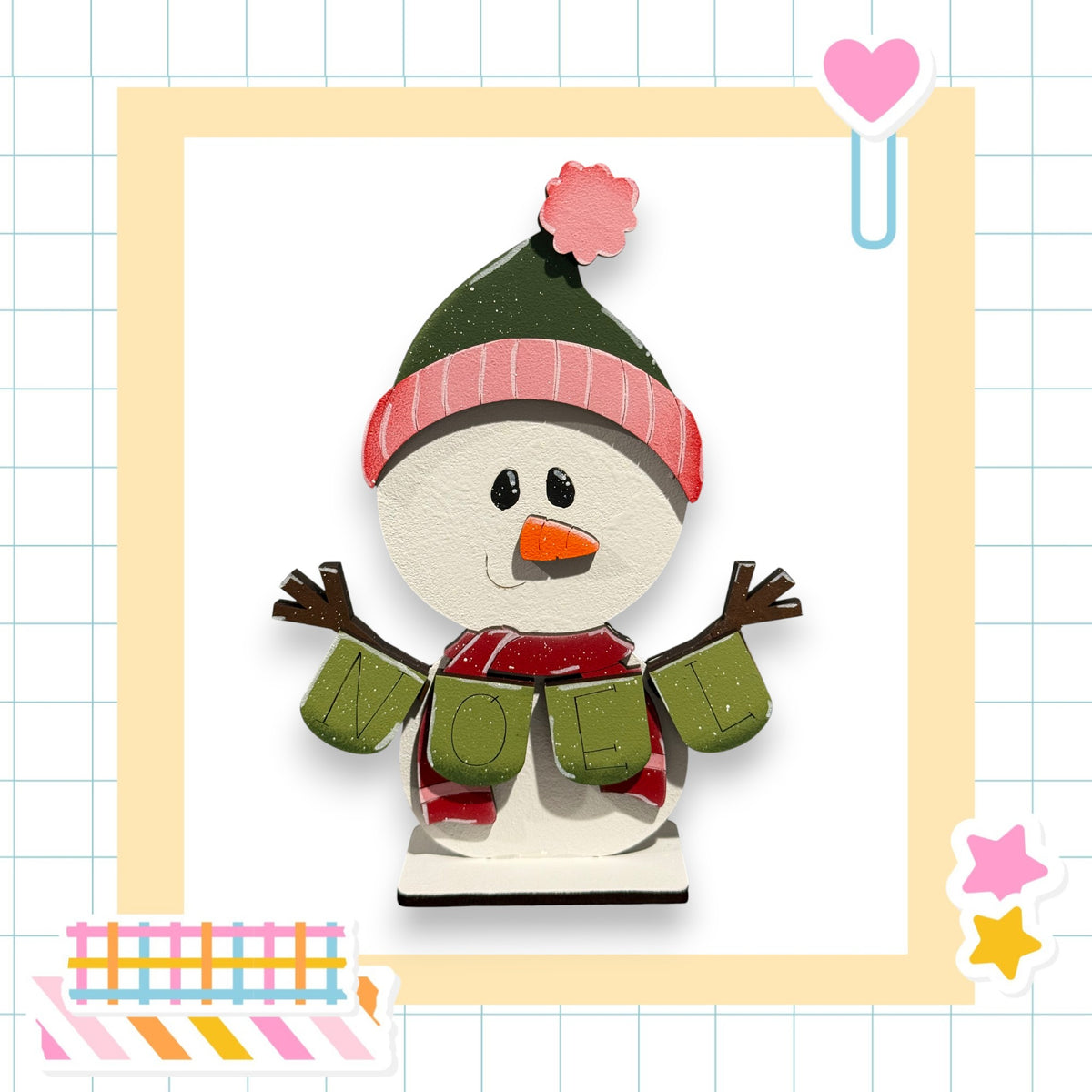 A snowman figure wearing a green hat and scarf, with the word "NOL" written on it, is surrounded by various colorful and festive elements such as a heart, stars, and a striped border.