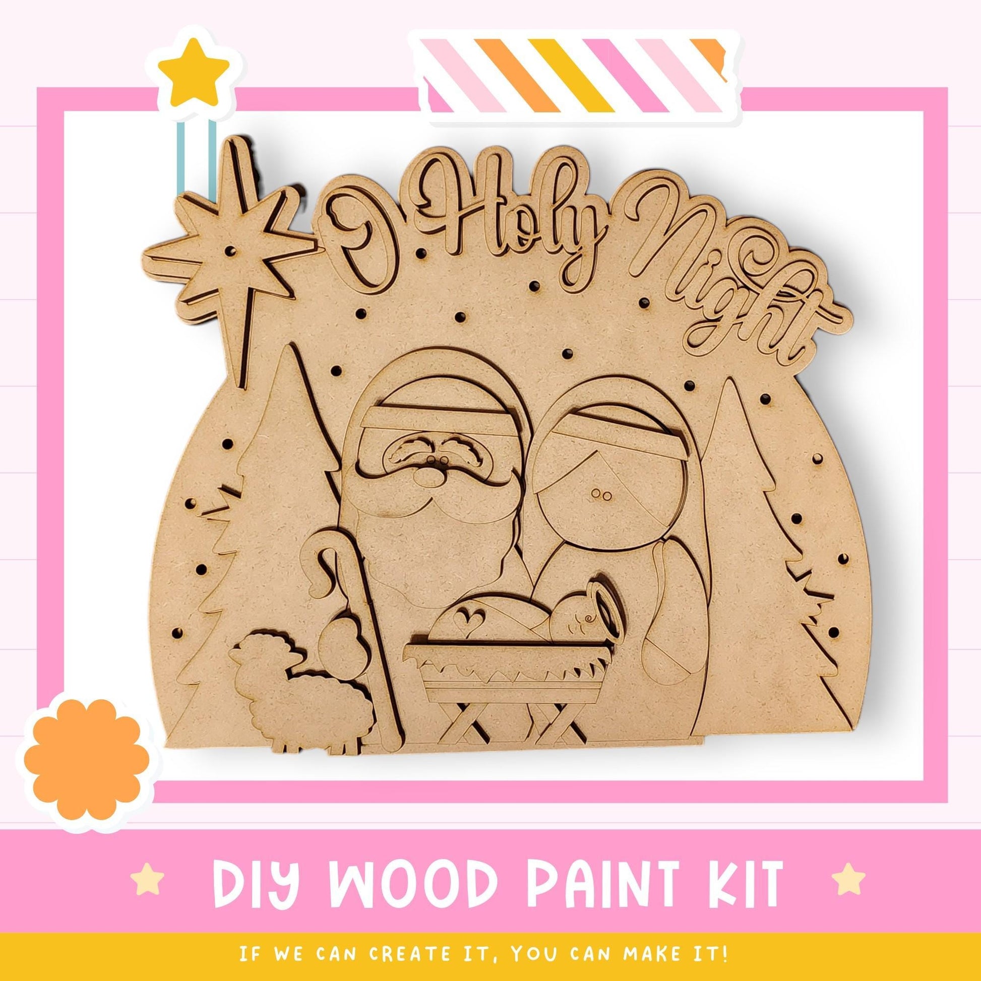 The image is a DIY wood paint kit for creating a wooden nativity scene. It features a wooden nativity scene with Santa Claus, Mary, and baby Jesus, along with decorative elements such as a star and a banner that says "HOLY NIGHT".