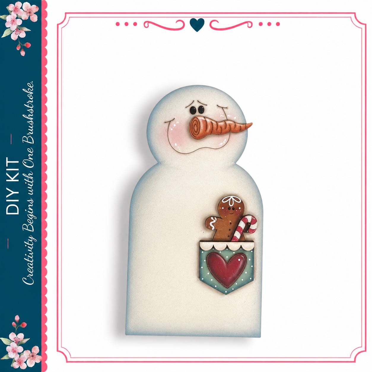 A snowman with a gingerbread man and a heart-shaped cookie in its pocket, set against a white background with a decorative border.