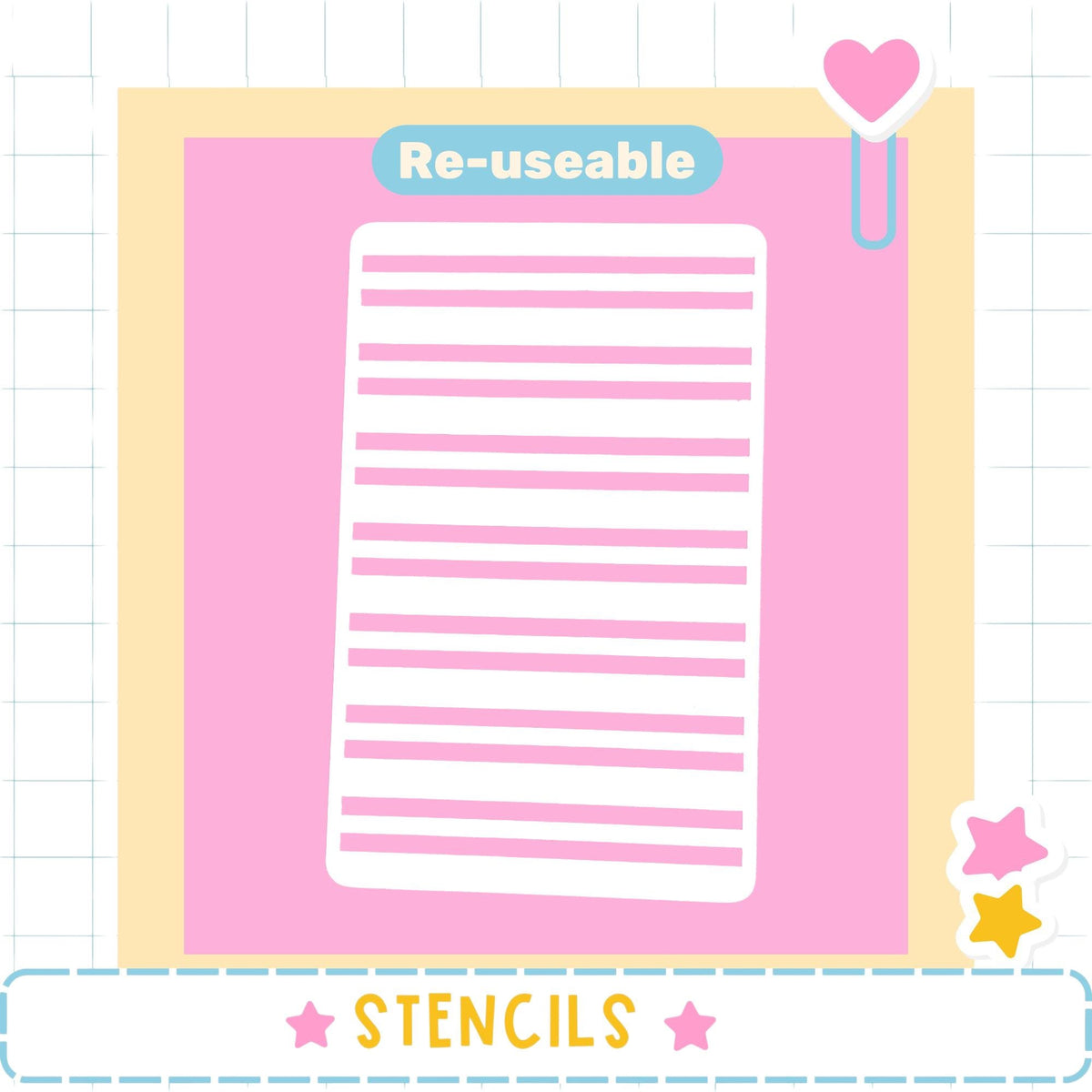 a pink background with a white paper or sheet of paper with horizontal lines on it. The word "Re-useable" is displayed above the paper, and the word "STENCILS" is written at the bottom of the image.