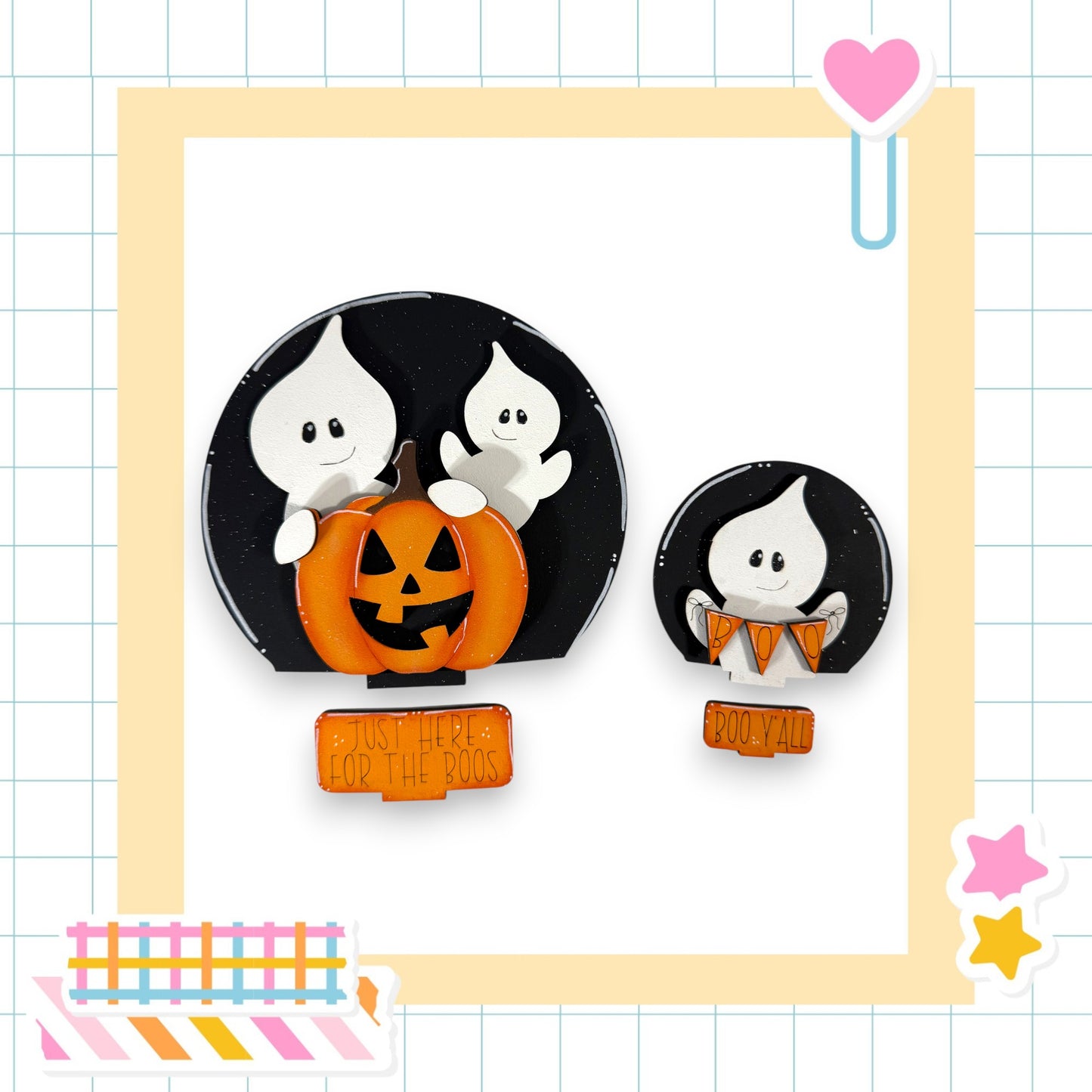 a Halloween-themed collage with a pumpkin, two ghostly figures, and a heart-shaped object.