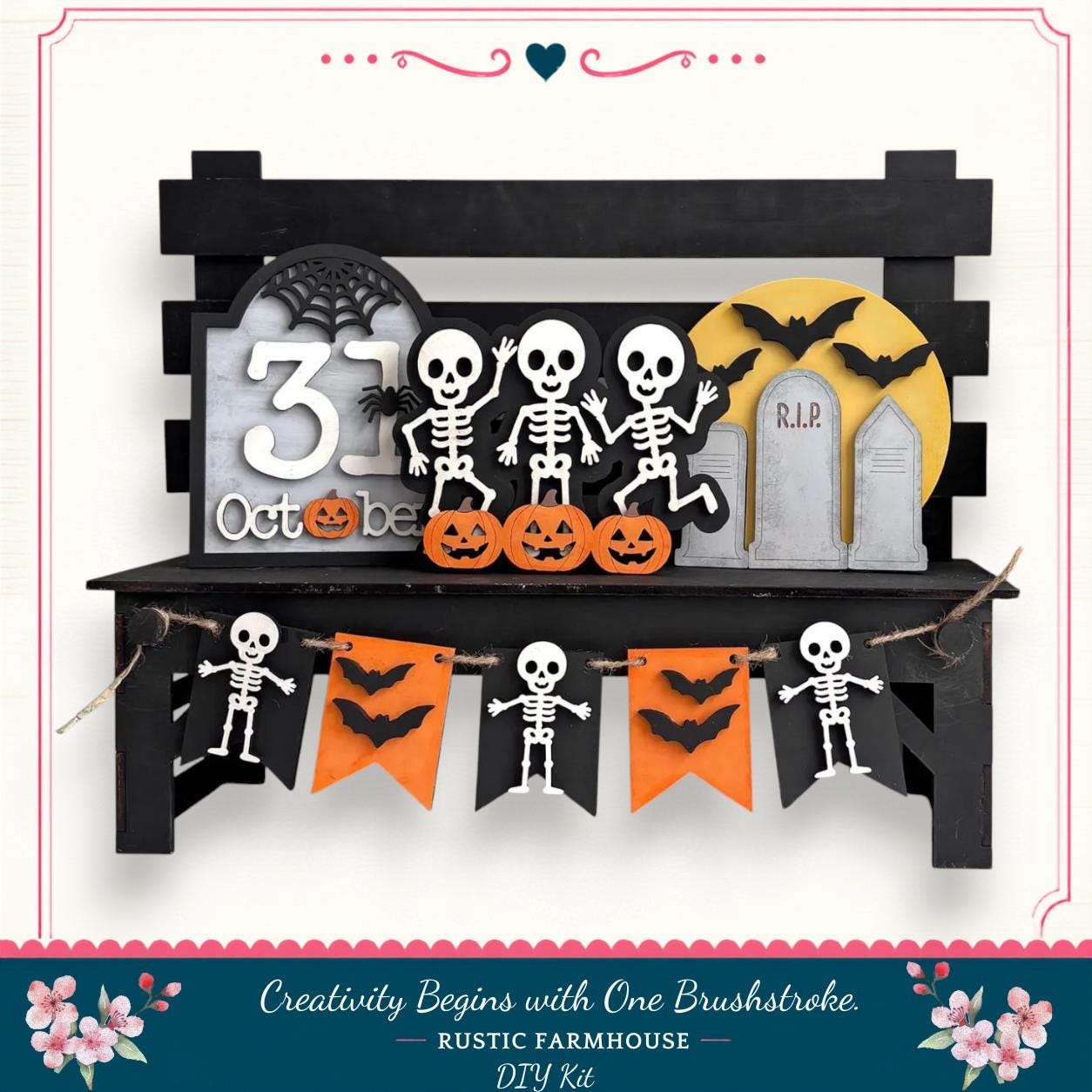 A Halloween-themed display featuring skeleton decorations, pumpkins, and a gravestone, all set against a black wooden background.