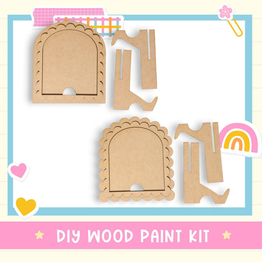 The image is a DIY wood paint kit, featuring various wooden shapes and a heart-shaped cutout.