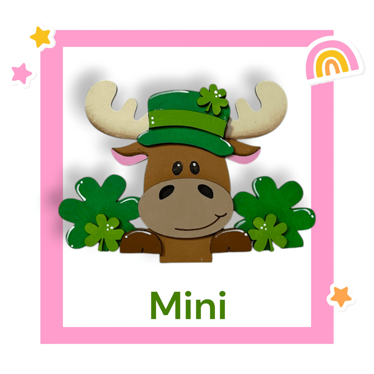 a picture of a moose with a hat and clovers