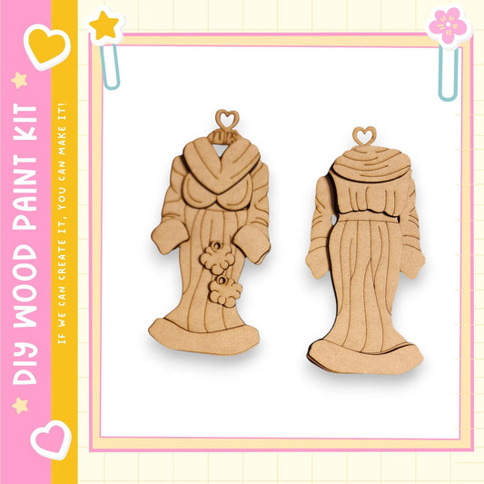 two wooden ornaments, each with a heart-shaped pendant hanging from the top. The ornaments appear to be crafted from wood and are displayed against a white background.