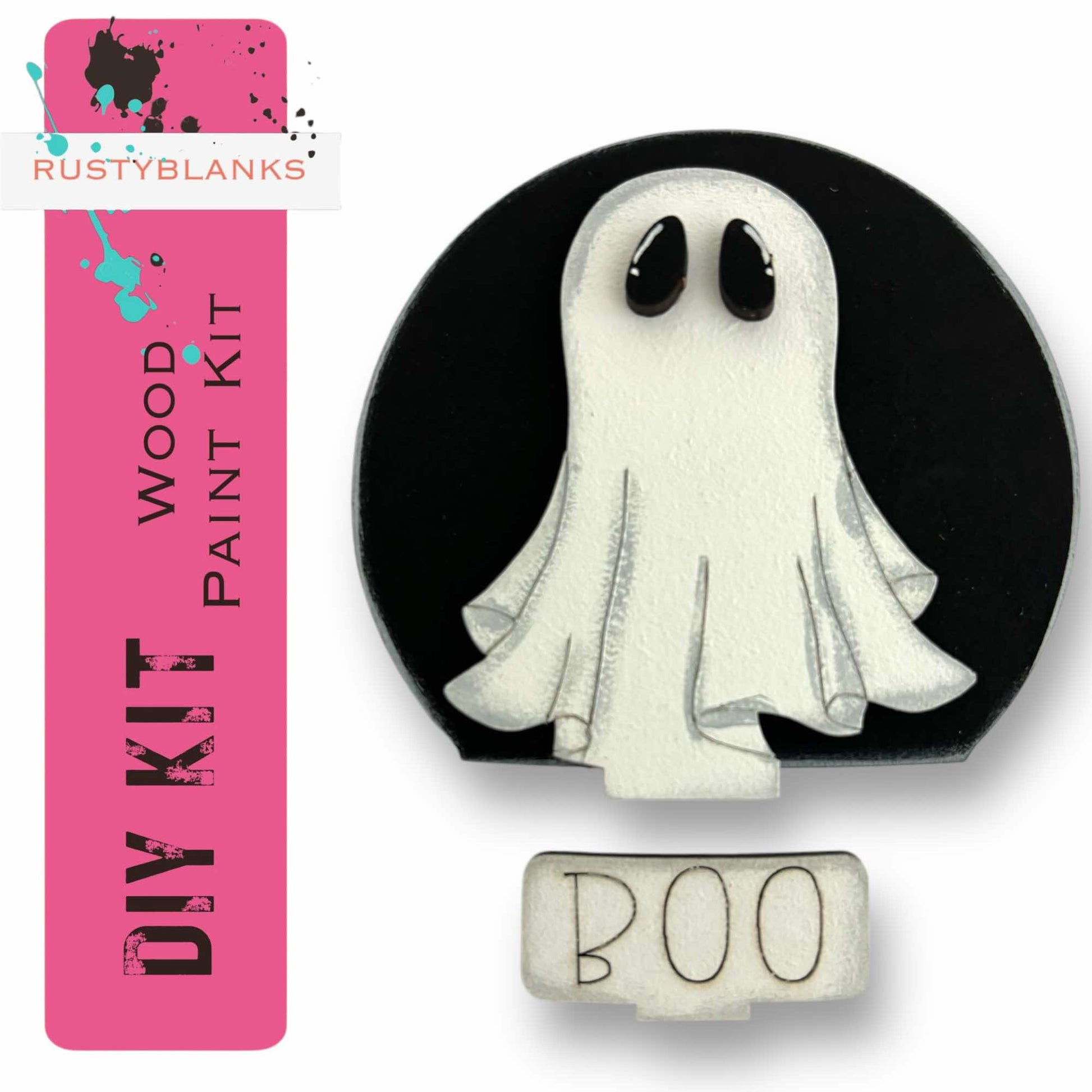 a DIY ghost paint kit, including a pink label with the text "DIY KIT" and a black and white illustration of a ghost.