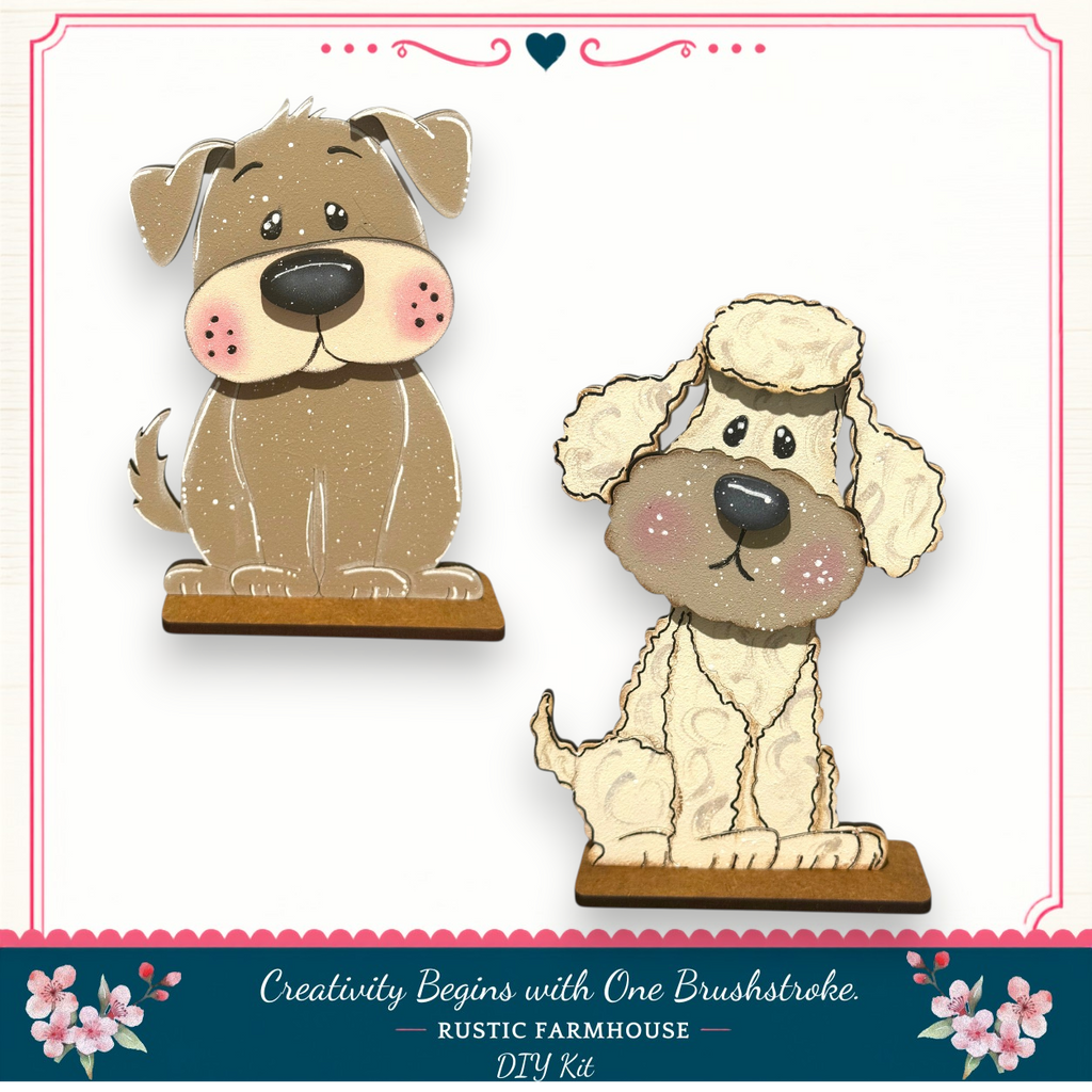 two cartoon dog illustrations, one brown and one white, sitting on wooden platforms.