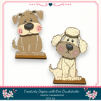 two cartoon dog illustrations, one brown and one white, sitting on wooden platforms.