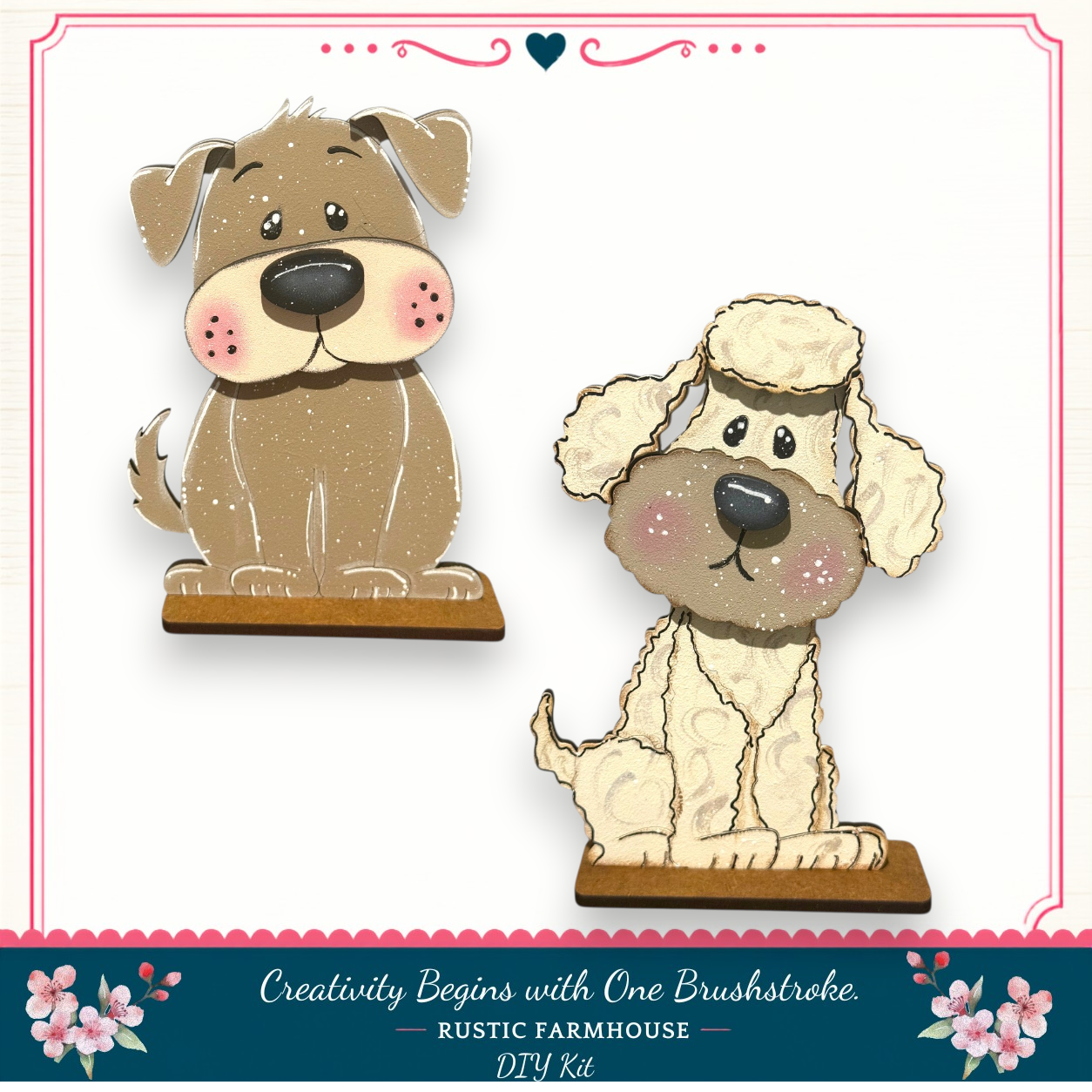 two cartoon dog illustrations, one brown and one white, sitting on wooden platforms.