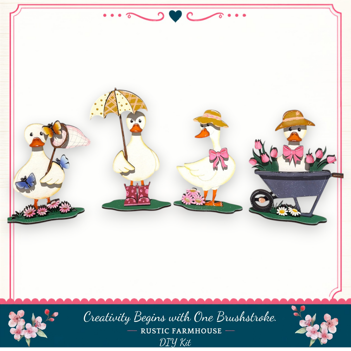 four cartoon ducks in various poses, including one holding an umbrella, another holding a flower, and two others sitting in a wheelbarrow.
