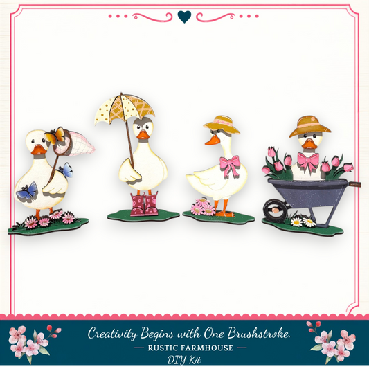 four cartoon ducks in various poses, including one holding an umbrella, another holding a flower, and two others sitting in a wheelbarrow.