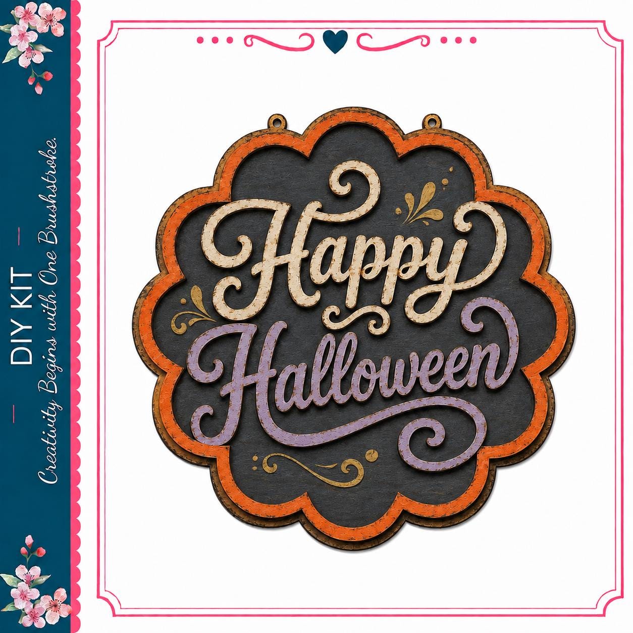 a decorative Halloween sign with the text "Happy Halloween" in a stylized font.