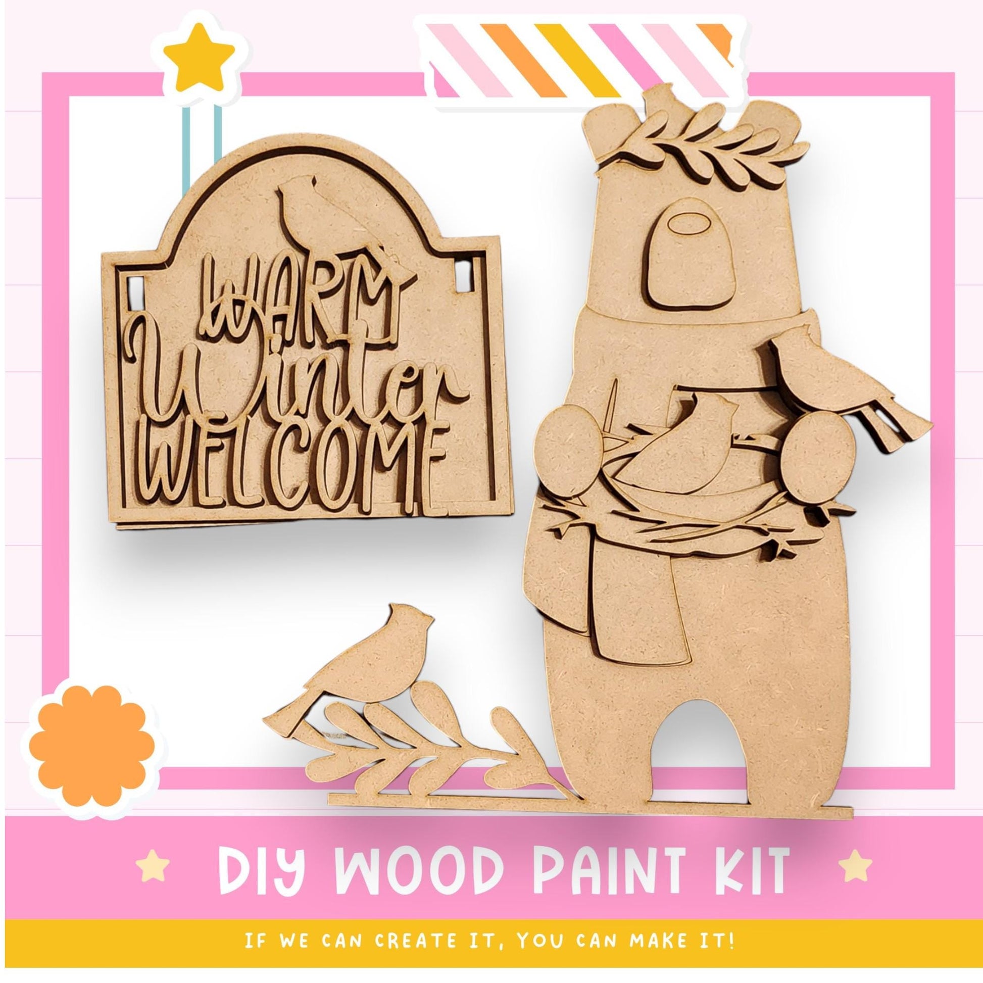 a DIY wood paint kit for creating a wooden bear and bird sign. The kit includes a wooden bear and bird figure, as well as instructions for painting the bear and bird.