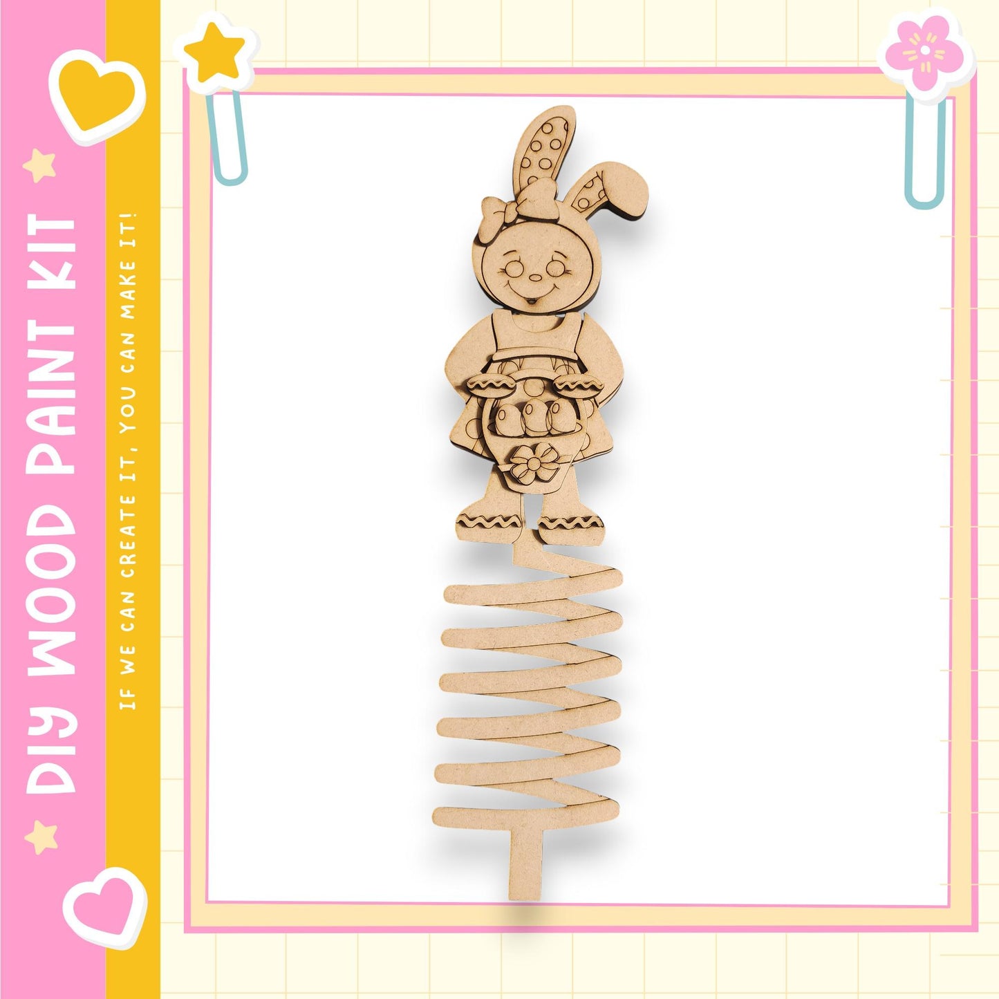 A wooden Easter bunny toy is shown on a spring-like structure, surrounded by a pink and yellow border.