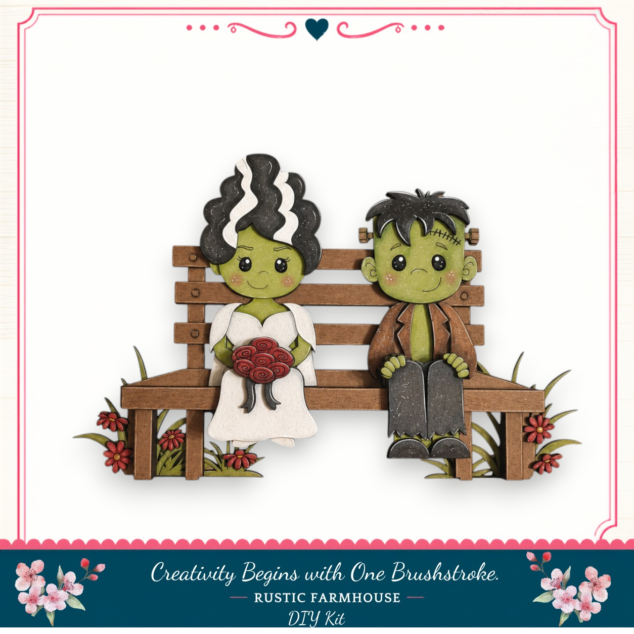 A wooden bench with two green-skinned, green-haired, and green-shirted characters sitting on it, surrounded by flowers and a decorative border.