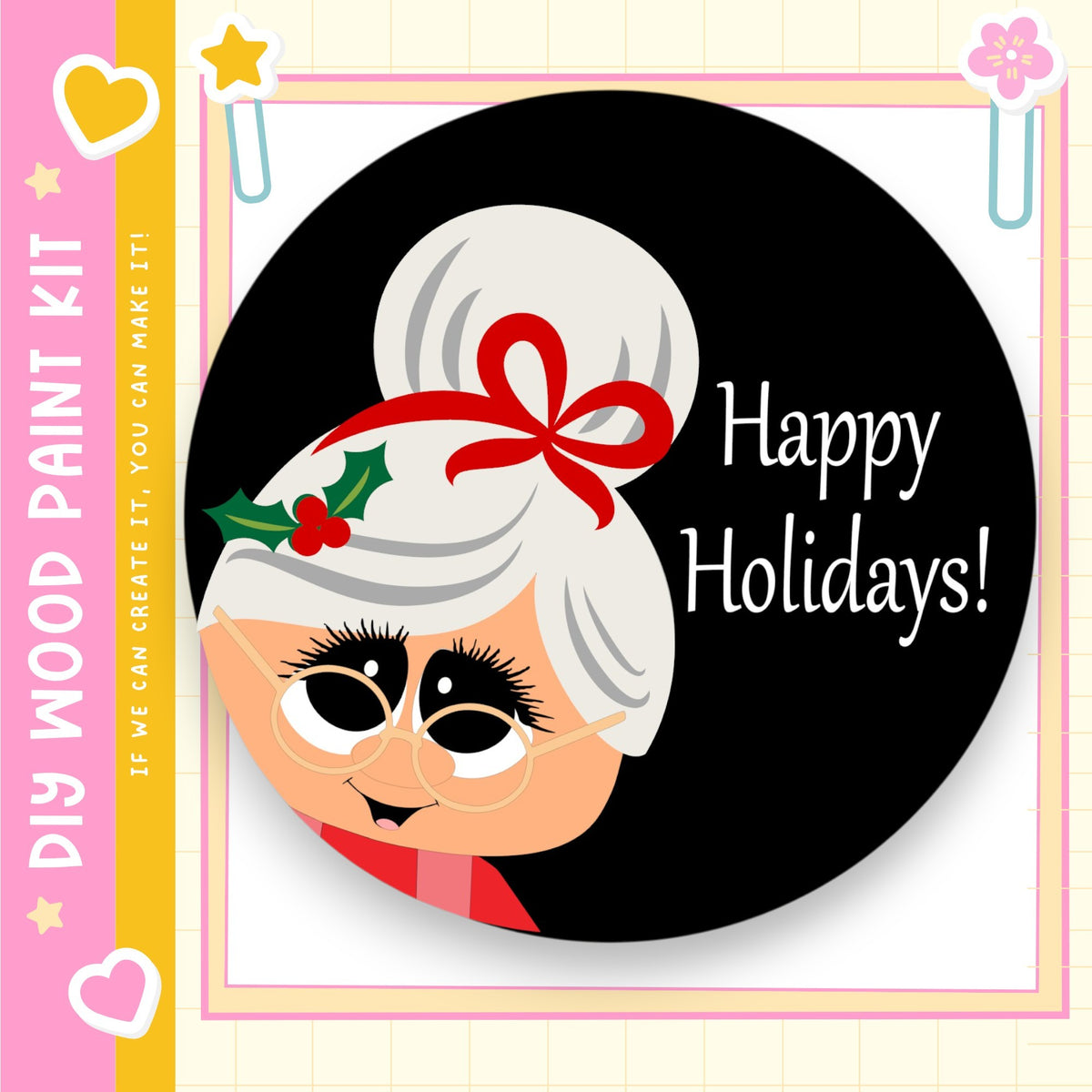 A cheerful illustration of a smiling woman with a red bow on her head, surrounded by festive holiday elements such as a star, flowers, and a "Happy Holidays!" message.