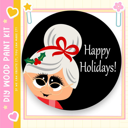 A cheerful illustration of a smiling woman with a red bow on her head, surrounded by festive holiday elements such as a star, flowers, and a "Happy Holidays!" message.