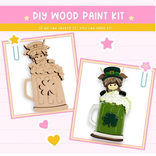 a wooden craft kit with a mug of beer and a statue of a lepre