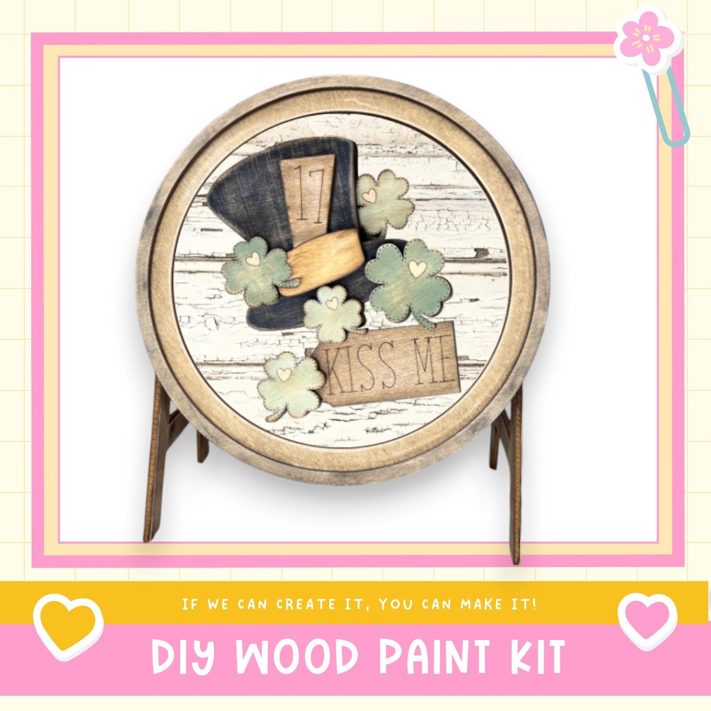 a DIY wood paint kit with a wooden frame and a decorative design on the front.