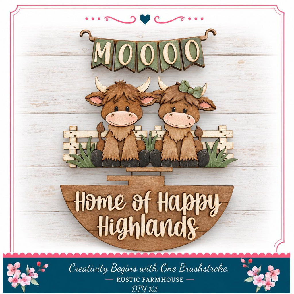 a wooden sign with a couple of cartoon cows sitting on a wooden fence, with the word "Moooo" displayed above them. The sign also includes the text "Home of Happy Highlands" and "Creativity Begins with One Brushstroke - Rustic Farmhouse - DIY Kit".