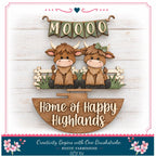a wooden sign with a couple of cartoon cows sitting on a wooden fence, with the word "Moooo" displayed above them. The sign also includes the text "Home of Happy Highlands" and "Creativity Begins with One Brushstroke - Rustic Farmhouse - DIY Kit".