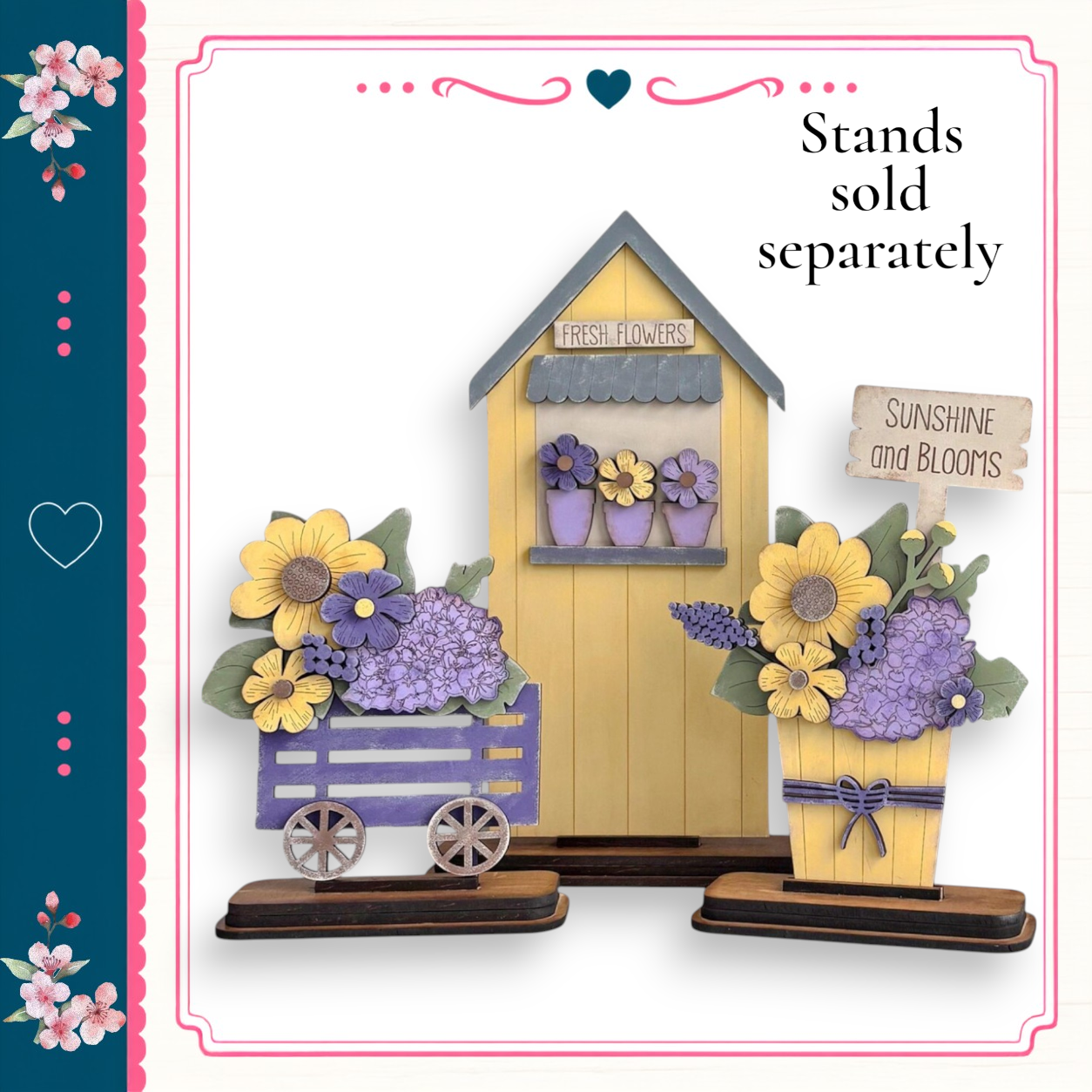 A wooden flower stand with a yellow roof, displaying a variety of colorful flowers, including sunflowers, lavender, and other blooms. The stand is situated in front of a small yellow building, which has a sign that reads "Fresh Flowers". The image also includes a heart symbol and a sign that says "Sunshine and Blooms".