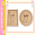 two wooden cutouts of rabbits, one in a frame and one without a frame, both with floral decorations.
