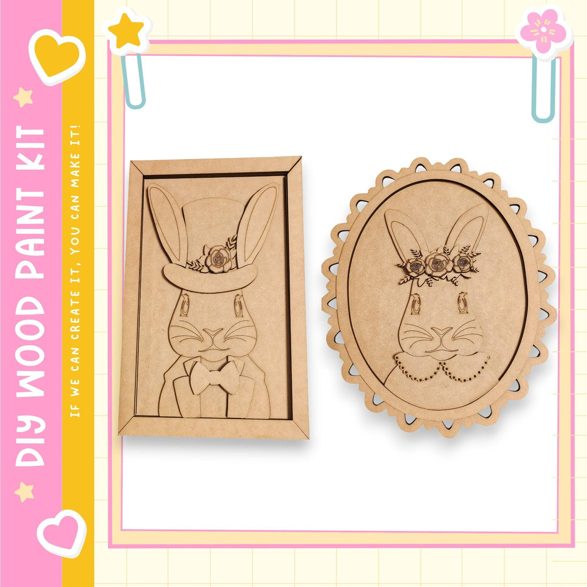 two wooden cutouts of rabbits, one in a frame and one without a frame, both with floral decorations.