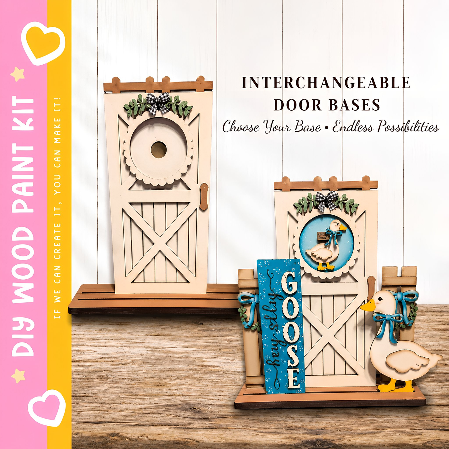 a DIY paint kit for creating interchangeable door bases, with a wooden door and a wooden door with a goose decoration. The kit includes a wooden base and a wooden door with a goose decoration.
