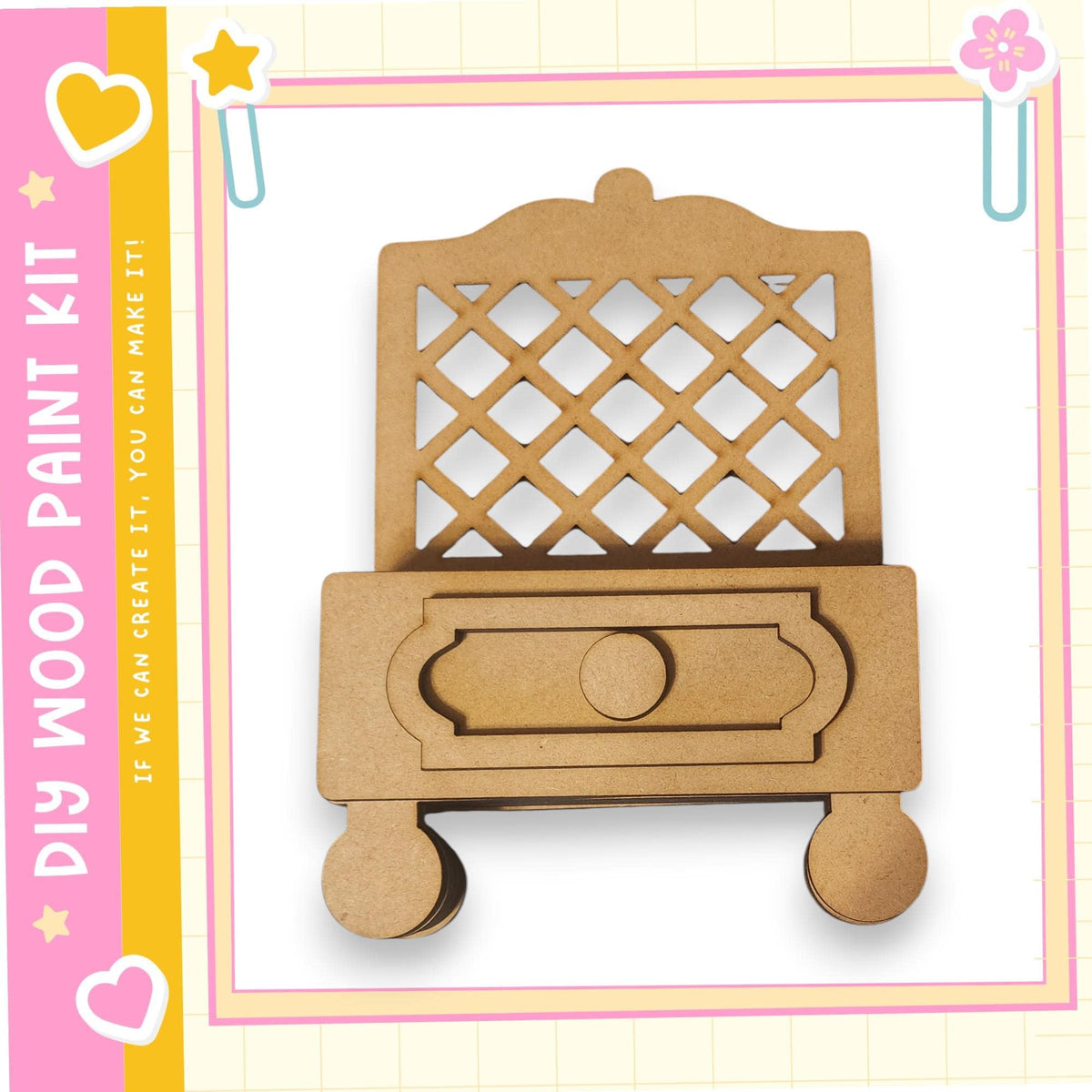 a wooden drawer with a lattice pattern on the front, set against a pink and yellow background with decorative elements.