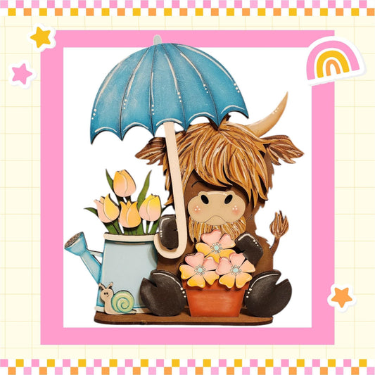 a card with a picture of a cow holding an umbrella