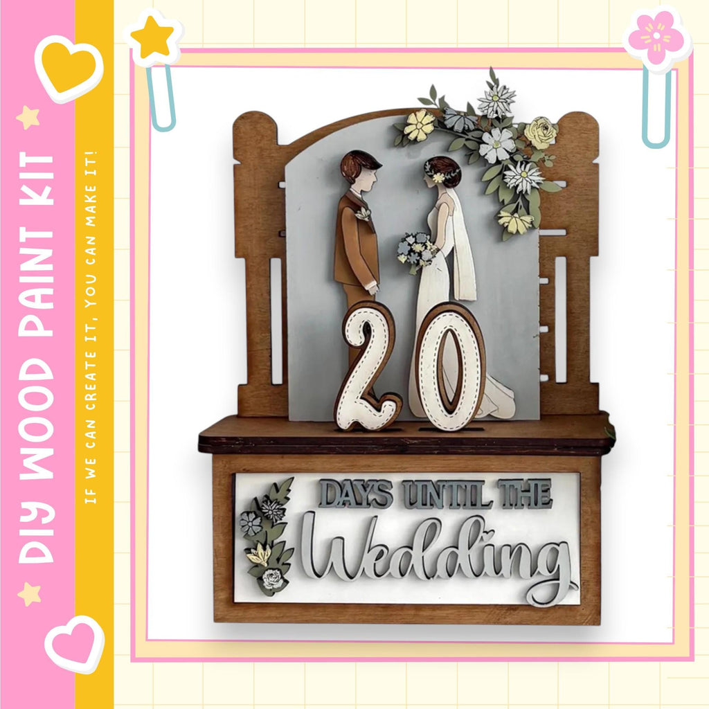 A wooden frame with a decorative border, displaying a couple standing together and the number 20. The frame also has text that reads "DAYS UNTIL THE WEDDING".