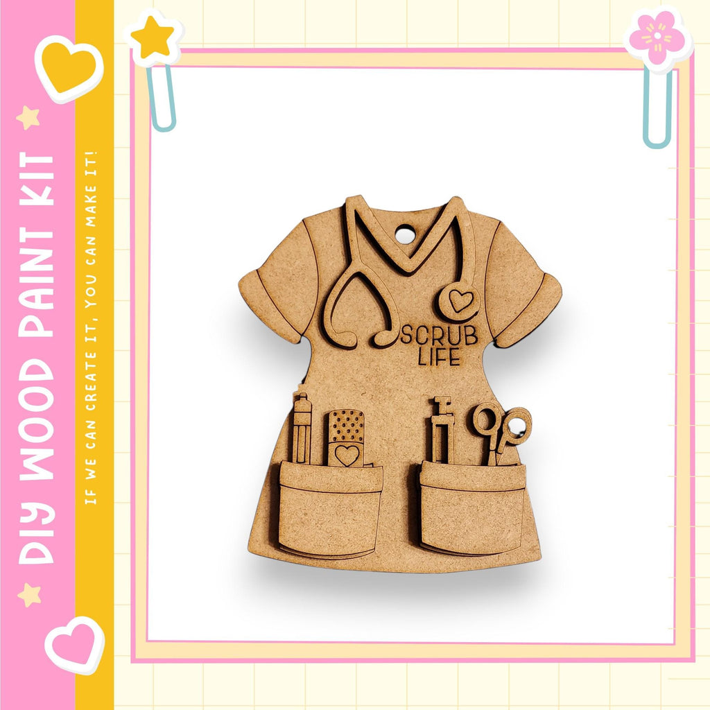 A wooden craft kit depicting a nurse's outfit with various tools and accessories, such as a stethoscope, scissors, and a heart.