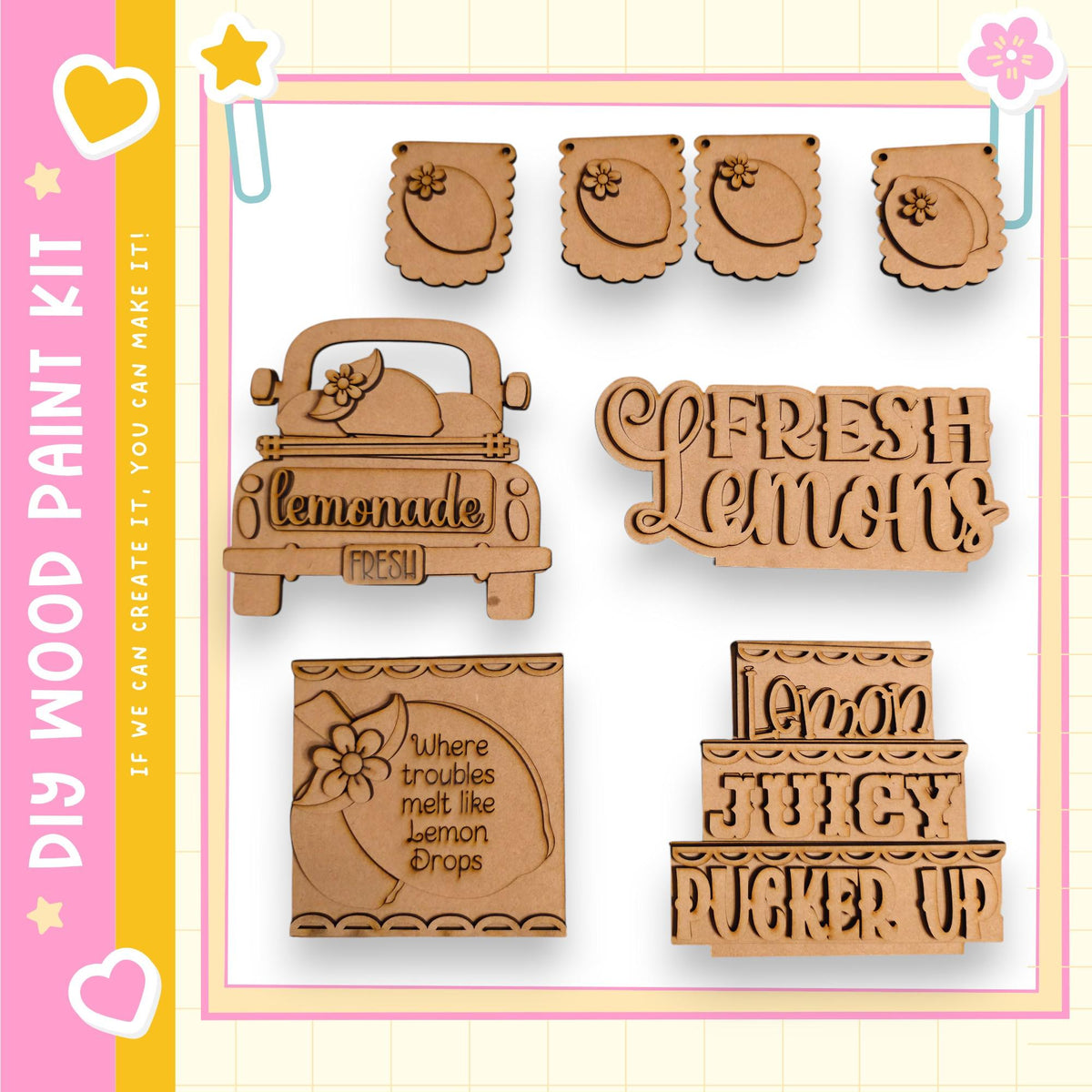 various wooden cutouts and text, including a lemonade sign, a fresh lemons sign, and a lemonade bottle. The text on the cutouts is in a playful and creative style, and the image does not contain any redundancy or vague descriptions.