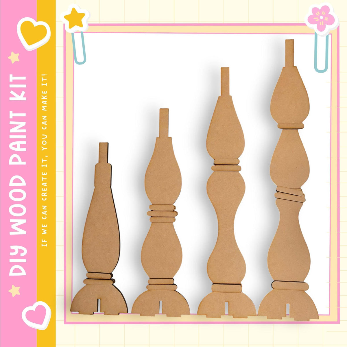 a collection of wooden pieces, including a tall piece, a shorter piece, and a few other pieces, arranged in a row.