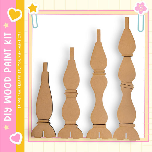a collection of wooden pieces, including a tall piece, a shorter piece, and a few other pieces, arranged in a row.