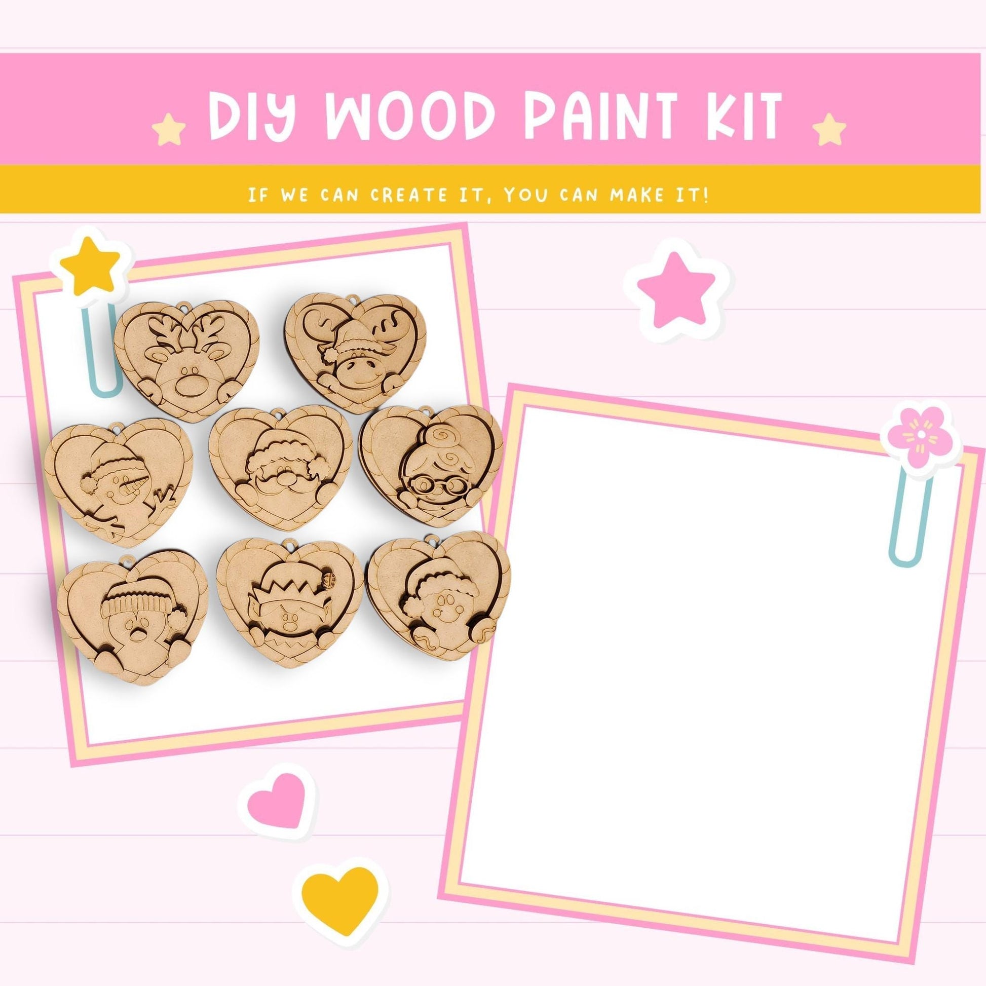 The image is a DIY wood paint kit advertisement featuring heart-shaped wooden charms and a blank white frame.