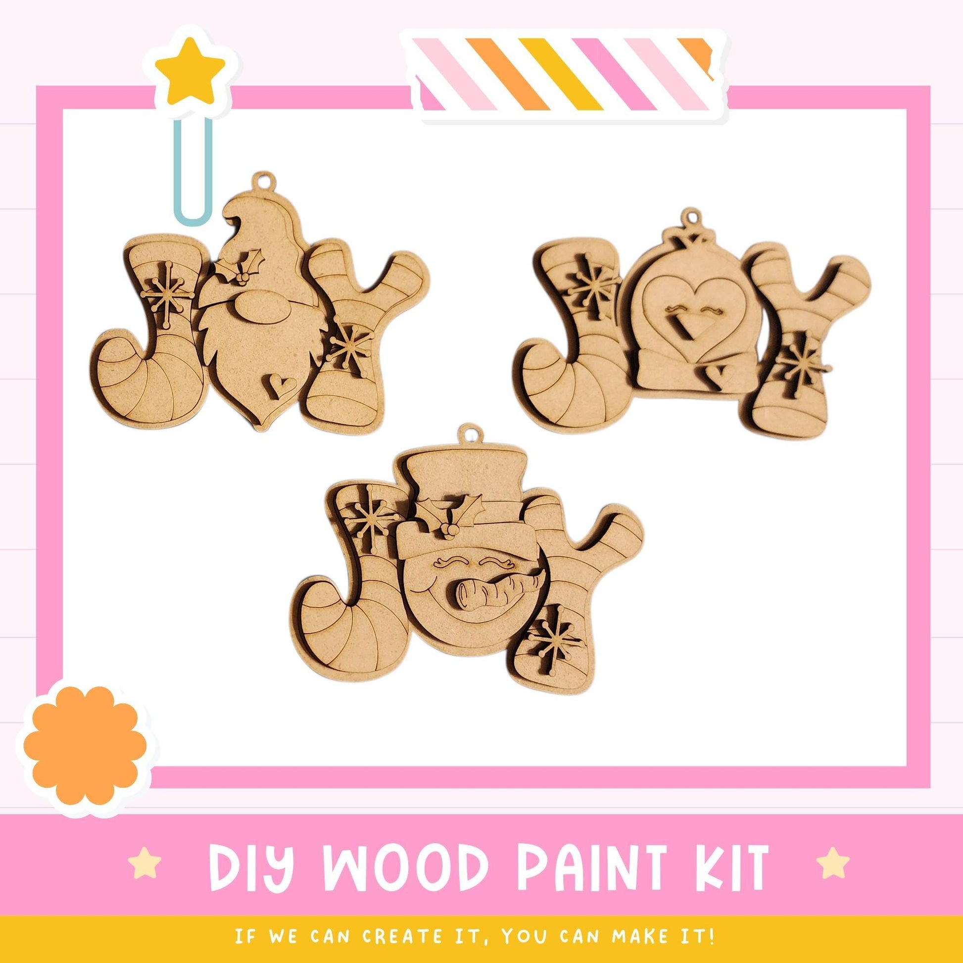 three wooden ornaments with various designs, including a gnome, a heart, and a snowman, displayed against a pink and white background.