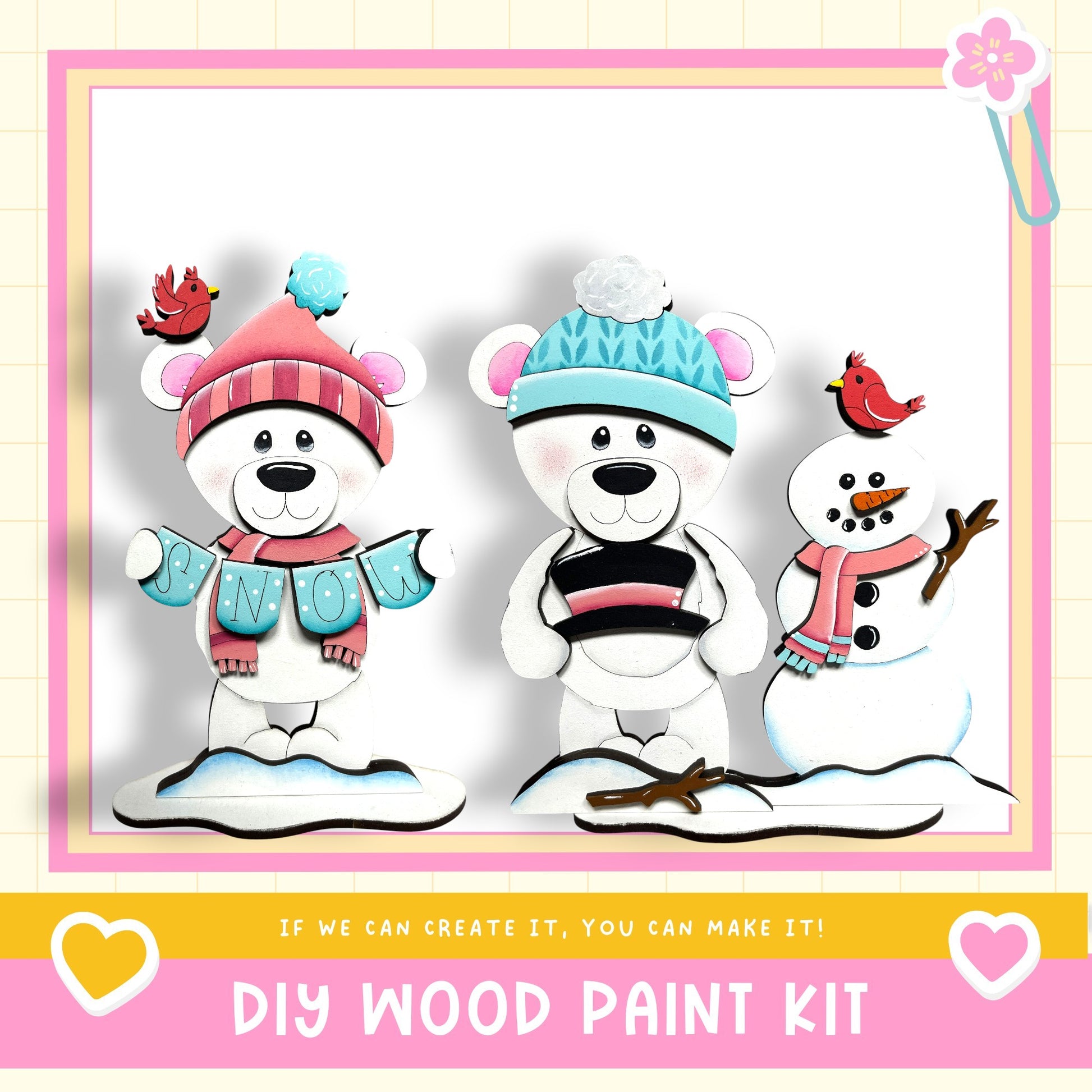 a DIY wood paint kit with three wooden bear figurines and a snowman, all wearing winter accessories.