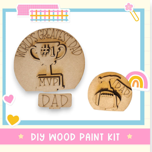 a DIY wood paint kit for creating personalized wooden mementos, such as a trophy and a football, for a father.