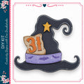 a Halloween-themed witch's hat with the number 31 and bats printed on it.