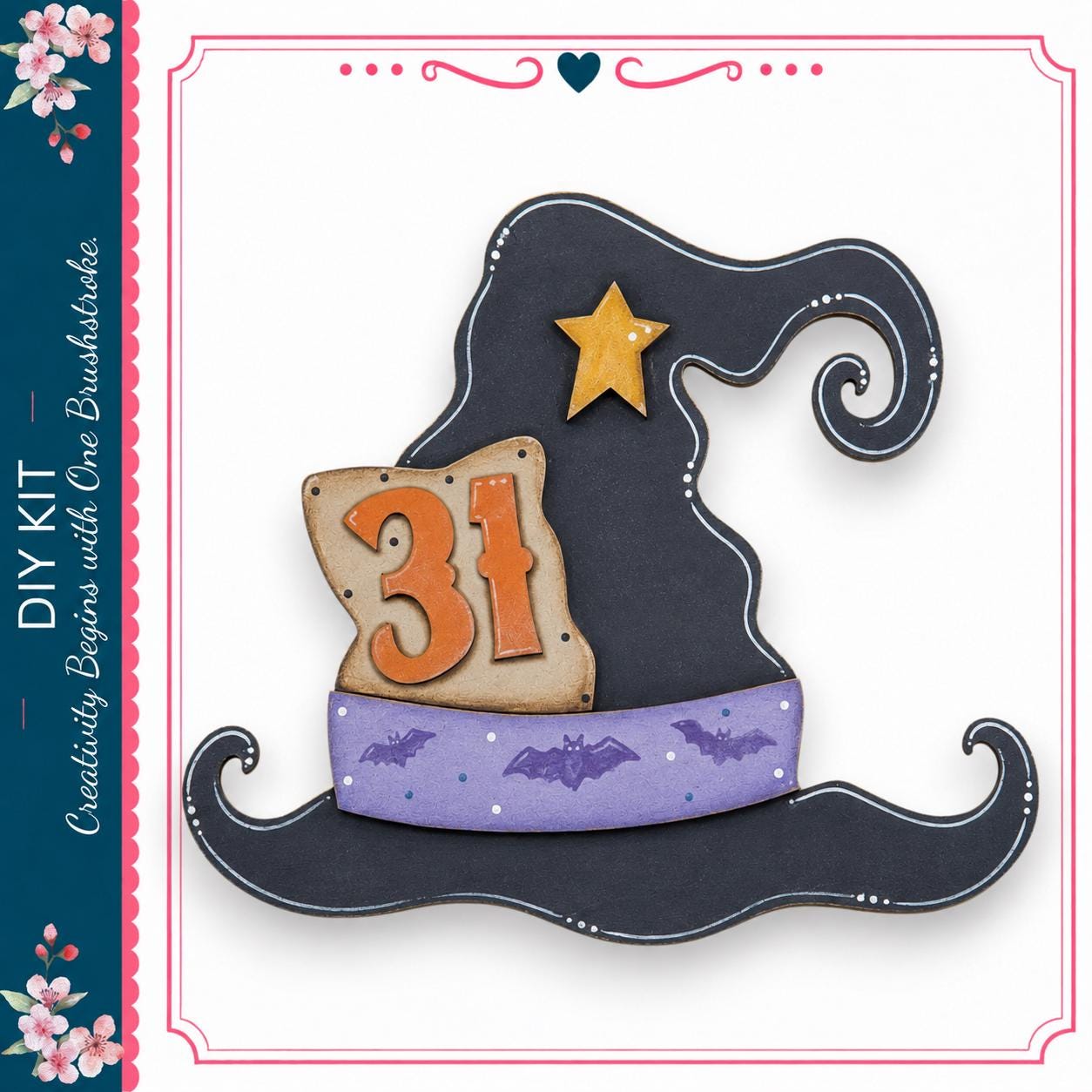 a Halloween-themed witch's hat with the number 31 and bats printed on it.